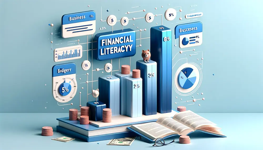 3D bar graph depicting the correlation between financial literacy and business success with statistical data