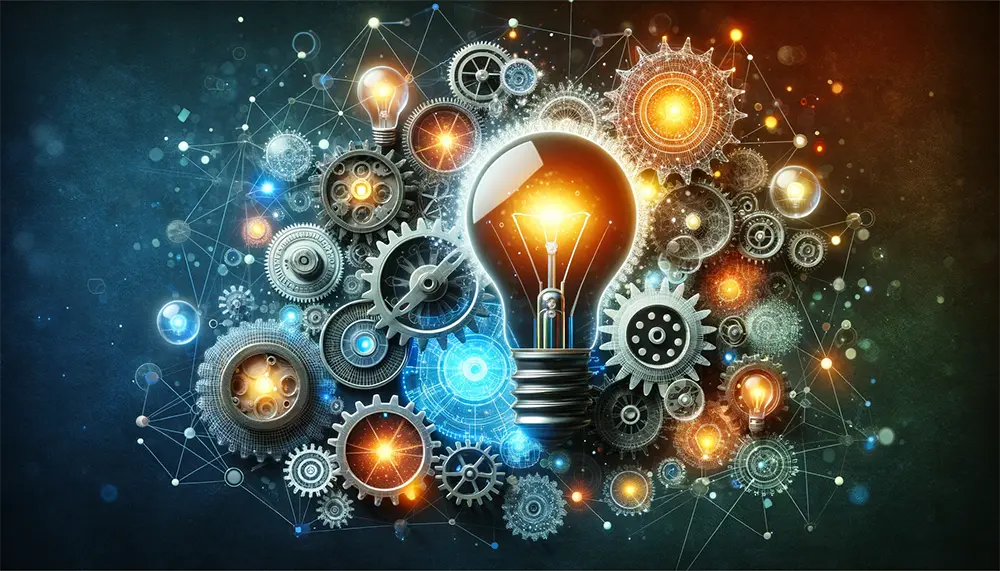 3D image depicting the concept of innovation in entrepreneurship with dynamic, interconnected gears and lightbulbs