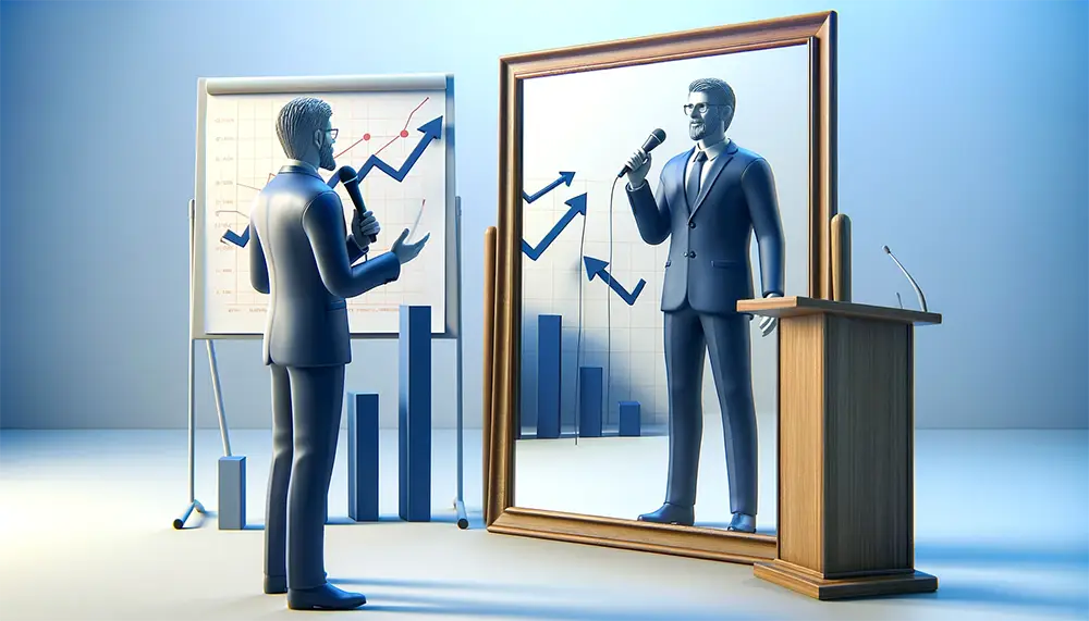 3D image of an entrepreneur engaging in self-reflection while practicing a presentation, depicting the improvement of verbal communication skills