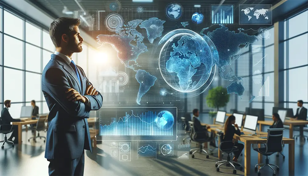 3D image showing an entrepreneur analyzing global market trends on a futuristic interface