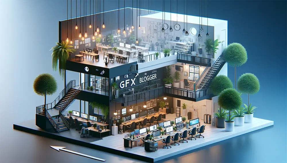 3D scene visualization of a tech start-up's office evolving from a small workspace to a modern, high-tech environment, symbolizing business growth and adaptation