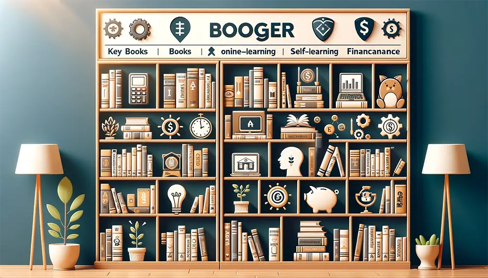 Artistic display of essential books and online resources for learning financial acumen