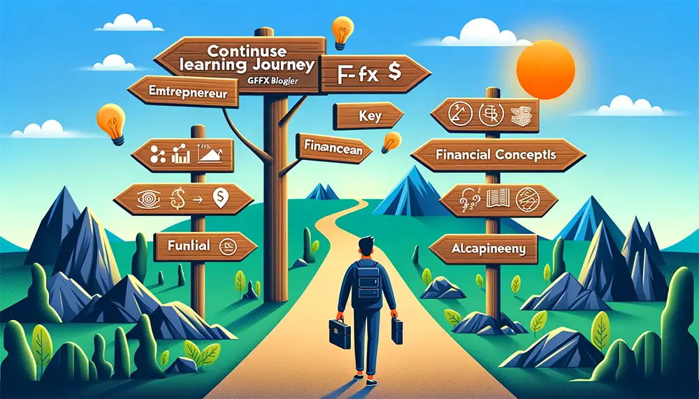 Entrepreneur on a continuous learning journey with signposts of key financial concepts