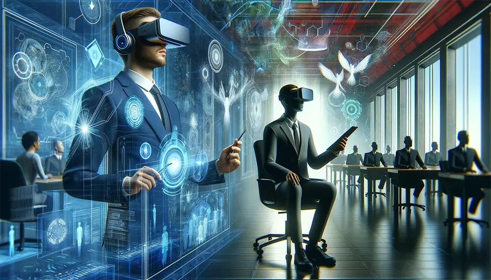 Futuristic image of a leader in a virtual reality training simulation, depicting an innovative and immersive approach to leadership development