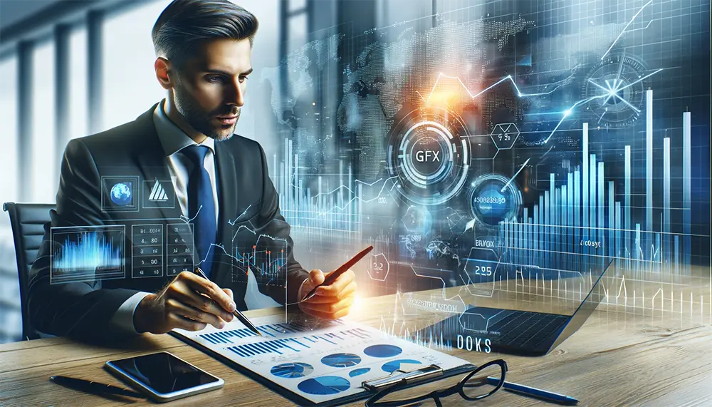 Hyperrealistic image of a business executive assessing financial risks with graphs and digital tools