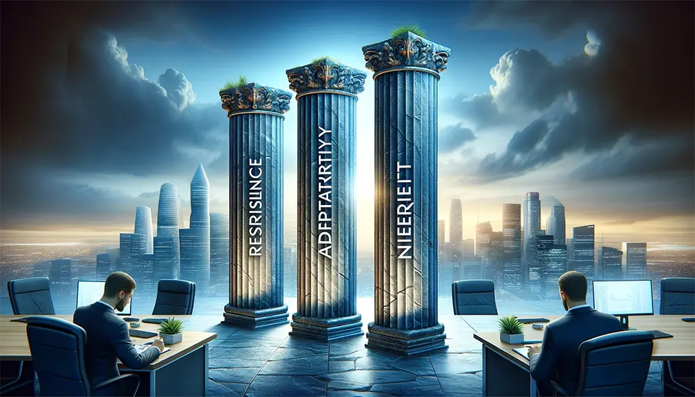 Hyperrealistic image of three pillars representing Resilience, Adaptability, and Integrity in a corporate setting