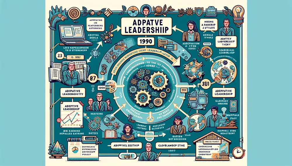 Illustrated timeline depicting the evolution of adaptive leadership theory from the 1990s to modern day, with key milestones and developments