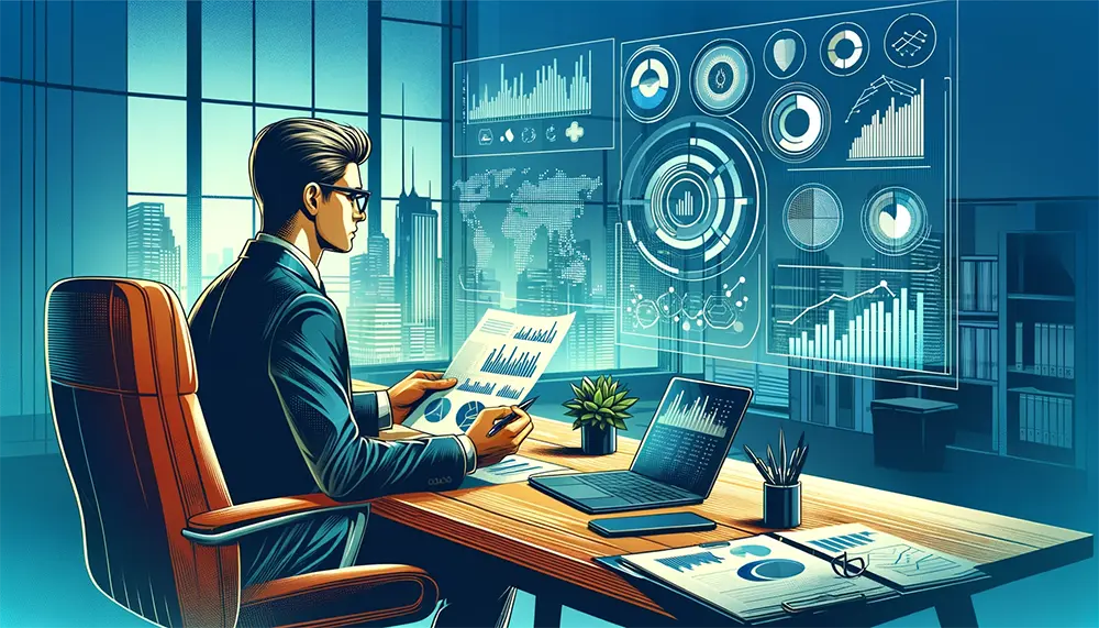 Image of a business executive analyzing financial health using advanced tools in an office