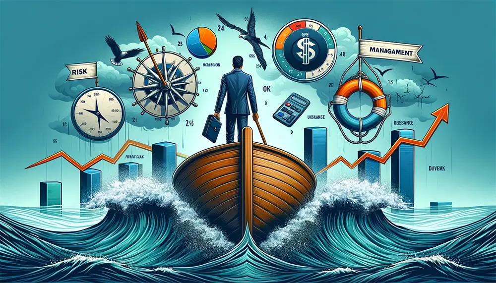 Image symbolizing risk management in business with a leader navigating through stormy seas using financial tools