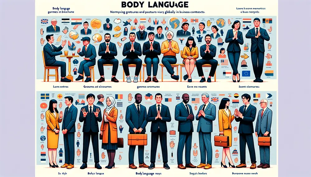 Infographic comparing body language norms across various cultures, illustrating the global diversity in gestures and postures in business settings