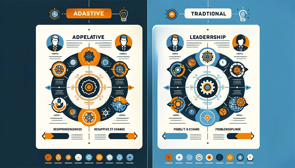 Infographic contrasting adaptive and traditional leadership styles, showcasing their distinct approaches to change and problem-solving