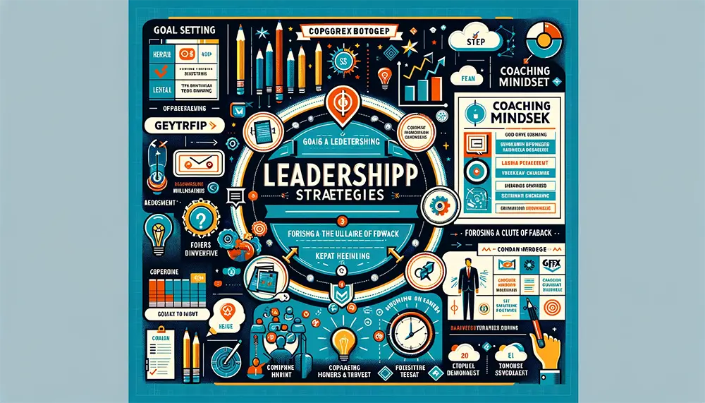 Infographic depicting key leadership strategies including goal setting, coaching mindset, and feedback culture, in a visually appealing layout
