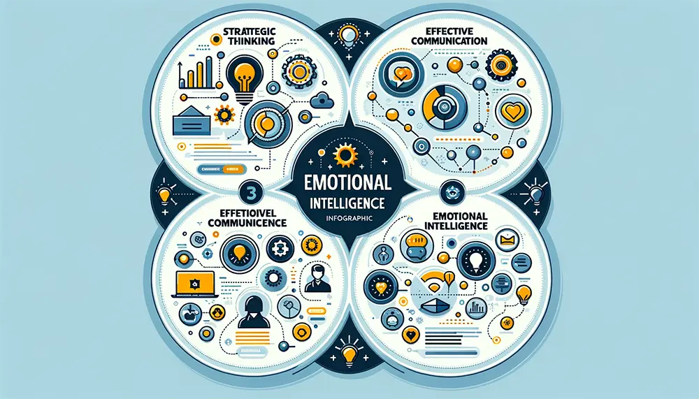 Infographic detailing the key aspects of Strategic Thinking, Effective Communication, and Emotional Intelligence in leadership