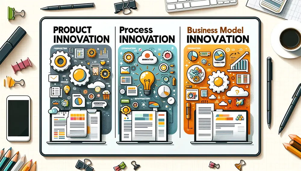 Infographic illustrating different types of innovation in entrepreneurship: product, process, and business model