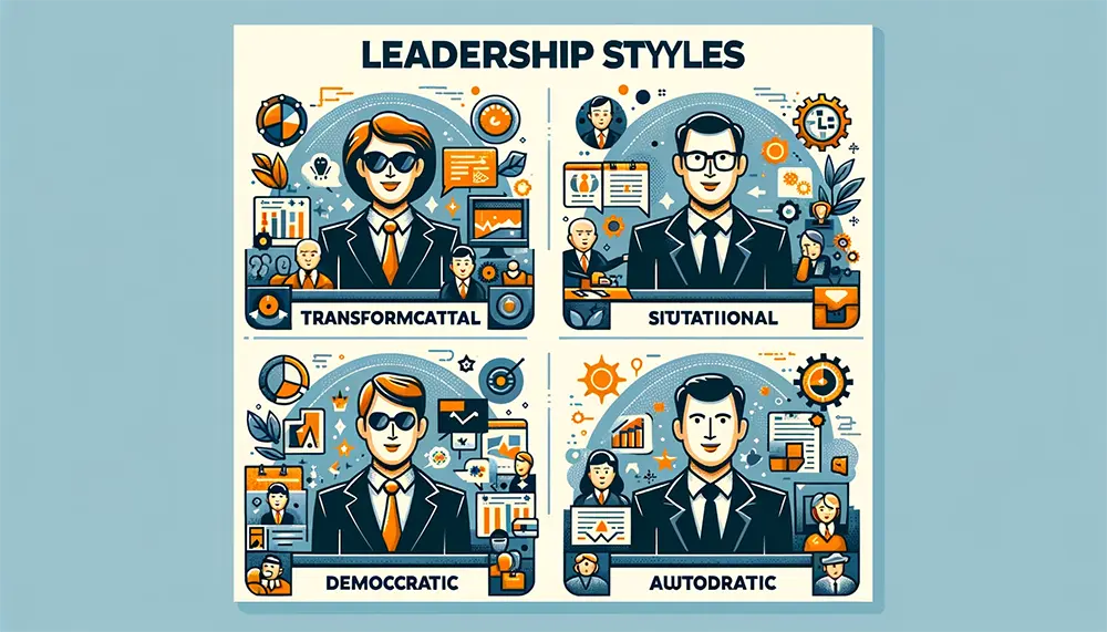 Infographic illustrating four leadership styles Transformational, Situational, Democratic, and Autocratic, with icons and descriptions