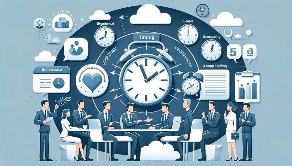 Infographic illustrating the crucial role of timing in various verbal communication settings such as business meetings, team briefings, and negotiation sessions