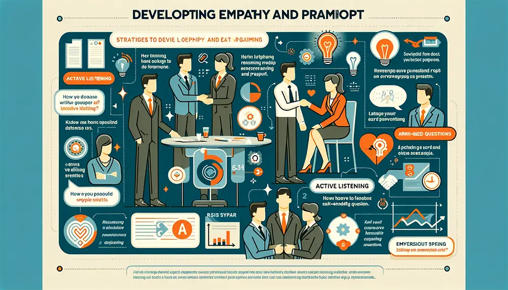 Infographic outlining key strategies for building empathy and rapport in a business setting, featuring active listening and open-ended questioning techniques