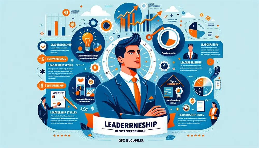 Infographic summarizing key insights on leadership in entrepreneurship, including leadership styles, skills, and their impact on business