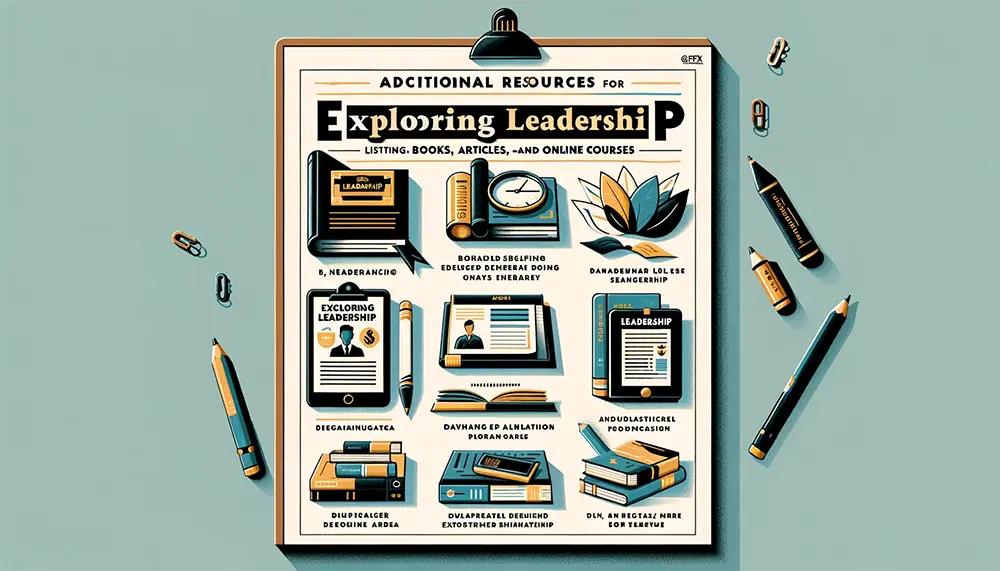 Informative poster listing resources for further exploration in leadership, including books, articles, and online courses