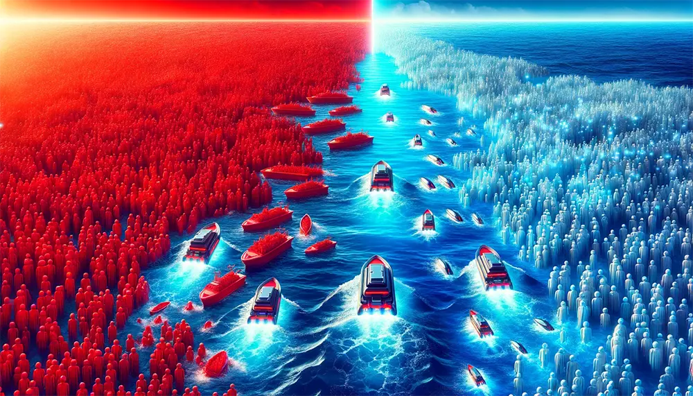 Photorealistic depiction of Red and Blue Ocean strategies with crowded red ocean and clear blue ocean with innovative boats