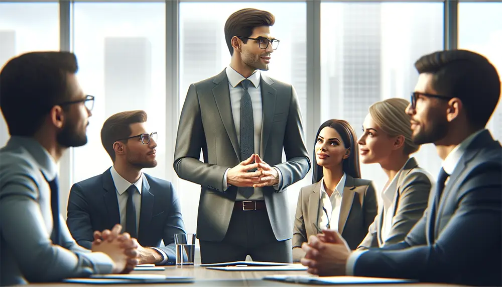Photorealistic depiction of a business leader speaking confidently and clearly to a diverse team in a contemporary office environment