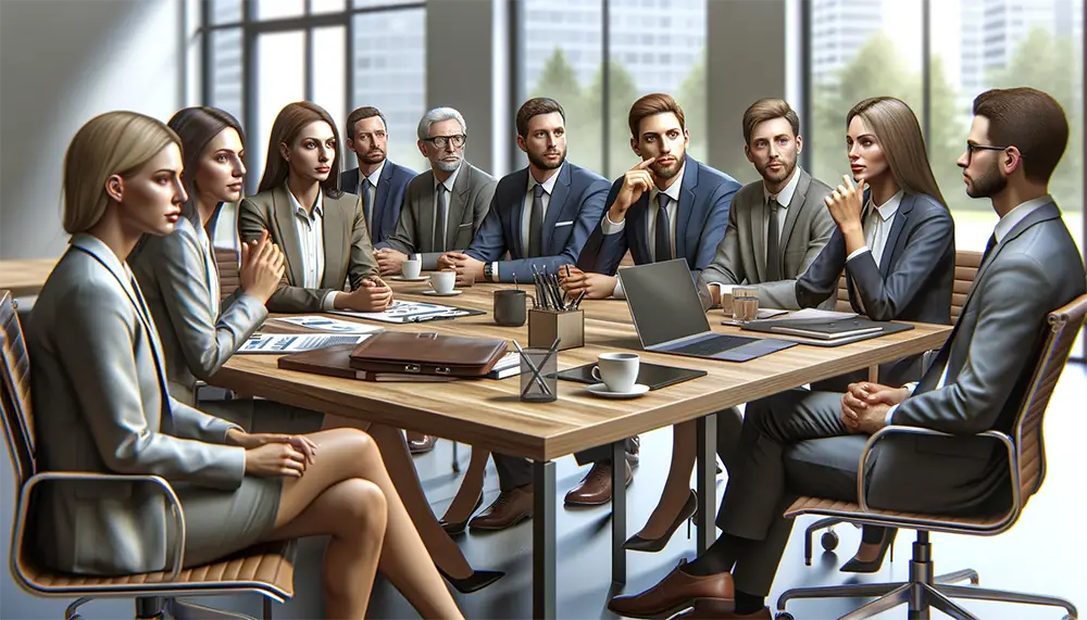 Photorealistic image of a business meeting, capturing a range of facial expressions that reflect various emotions and reactions among participants