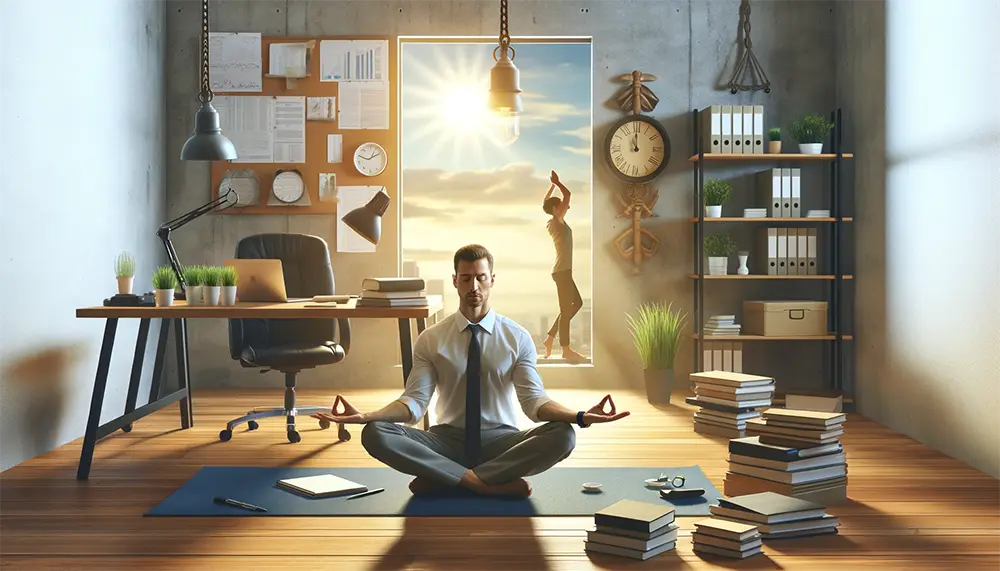 Photorealistic image of a healthy entrepreneur practicing yoga in a serene workspace, symbolizing the balance between health and work