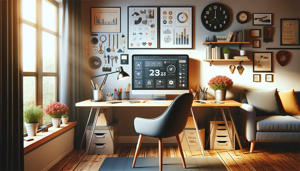 Photorealistic image of a home office setup optimized for solo entrepreneurship, showcasing technology and organization tools