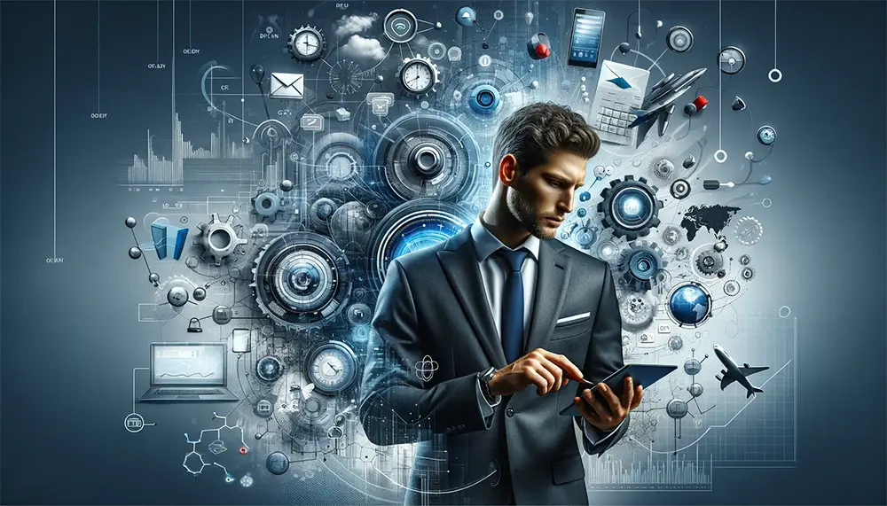 Photorealistic image of a modern entrepreneur utilizing diverse digital communication tools, embodying the fusion of technology in business communication
