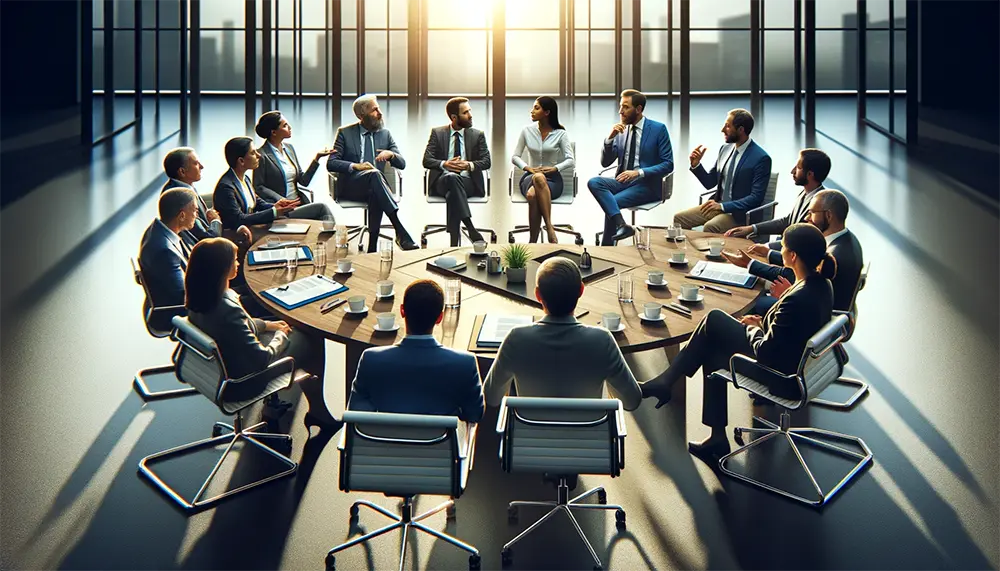 Photorealistic image of diverse business leaders from various industries engaging in a roundtable discussion on adaptive leadership practices