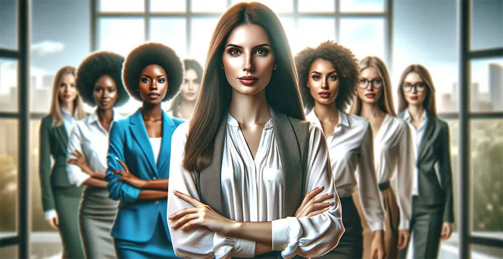 Photorealistic image of diverse women leaders in a corporate environment, symbolizing empowerment and diversity