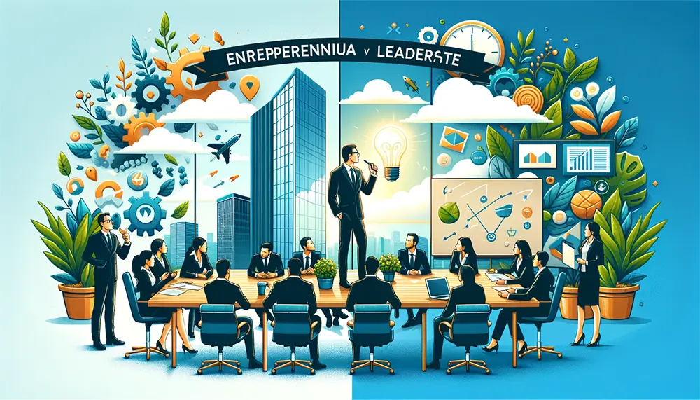Split-scene image contrasting a dynamic startup meeting with a formal corporate boardroom, illustrating the differences between entrepreneurial and corporate leadership