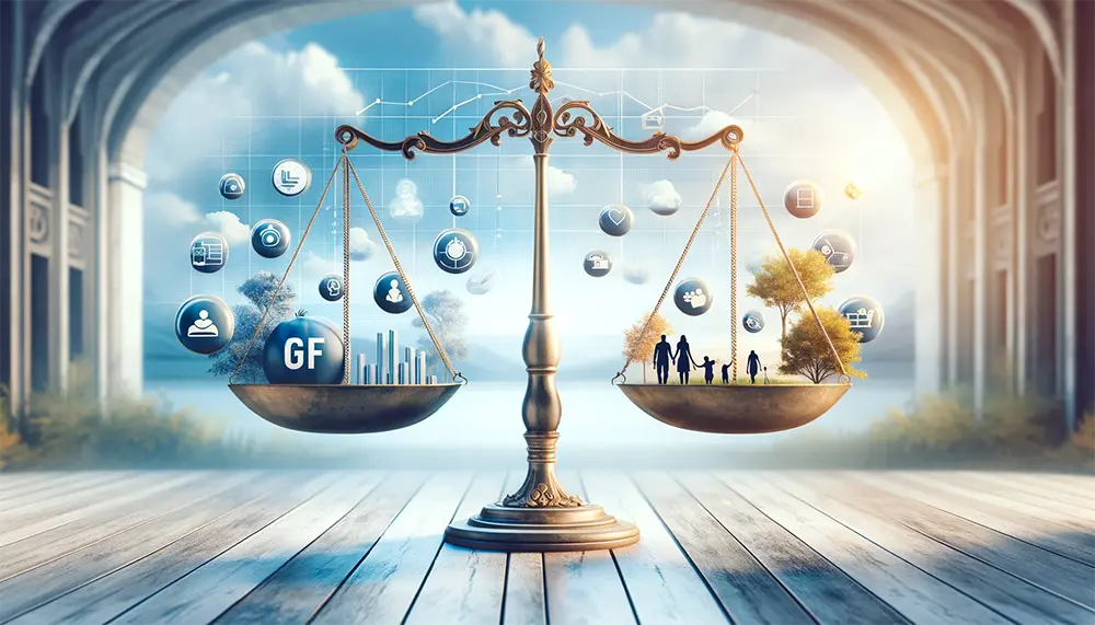 Ultrarealistic image of a balanced scale symbolizing work-life balance, with professional and personal life elements in harmony