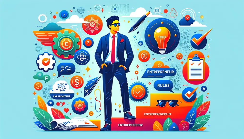 Vector illustration depicting an entrepreneur standing confidently with the 7 entrepreneur rules in the background