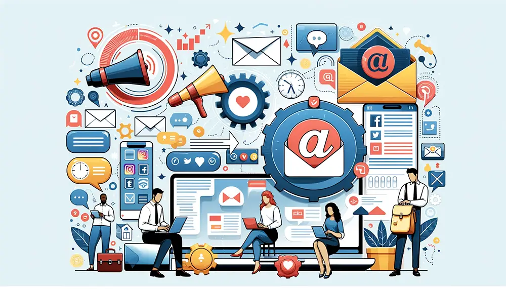 Vector illustration of an email interface and social media platforms tailored for business communication, highlighting clarity and user engagement