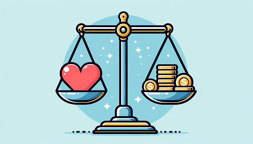 Vector illustration showcasing the balance between profit and purpose in social entrepreneurship, with scales balancing coins and a heart