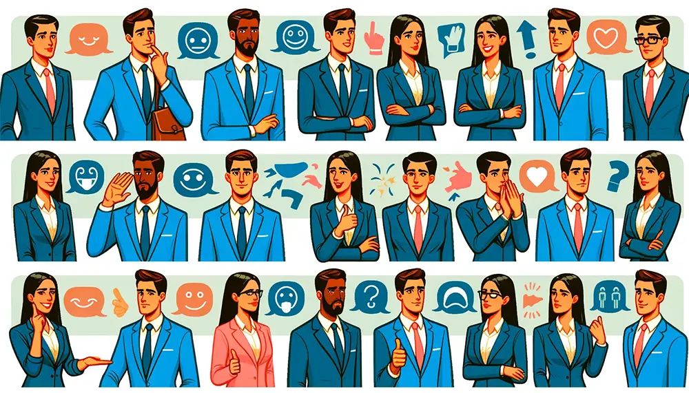 Vector image displaying various types of non-verbal communication in a business context, highlighting body language, facial expressions, and gestures