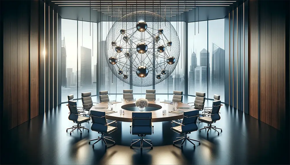 A modern, sleek boardroom setting, emphasizing a futuristic and innovative atmosphere